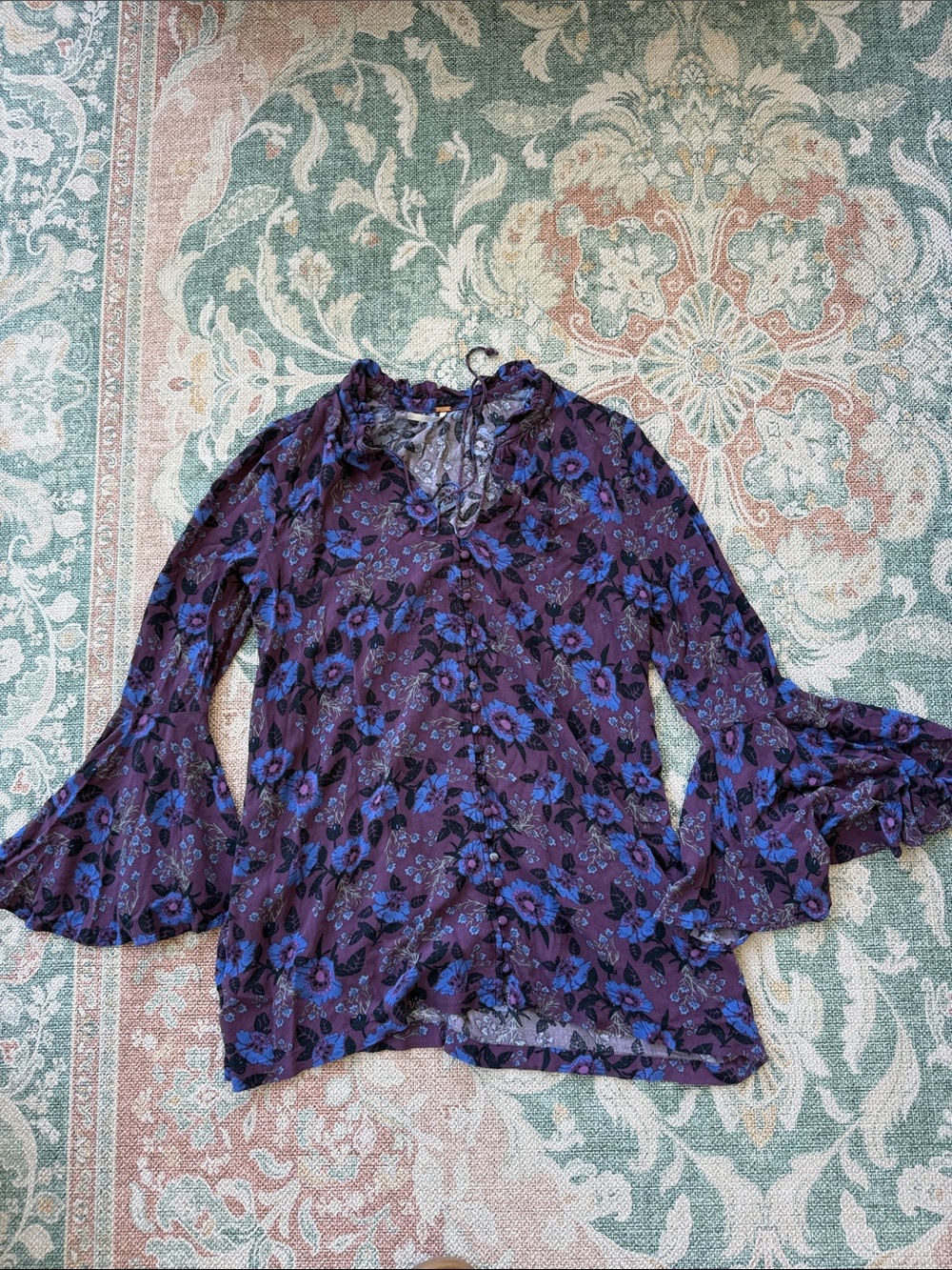 Free People Purple Floral Bell-Sleeve Blouse with Blue Accents